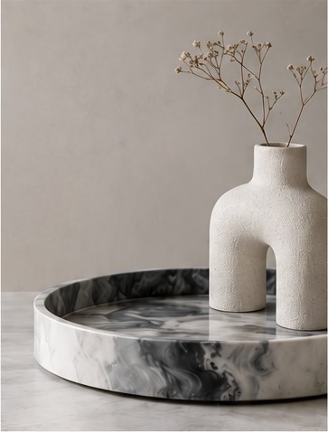 Plateau en marbre veiné et vase en pierre Arsõlya