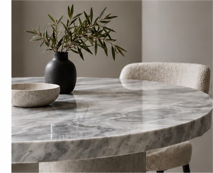 Table basse ronde en marbre veiné Arsõlya, vase et bol en pierre