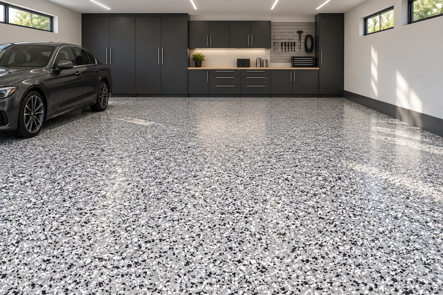 Garage au sol en résine à flocons gris et noirs, finition brillante